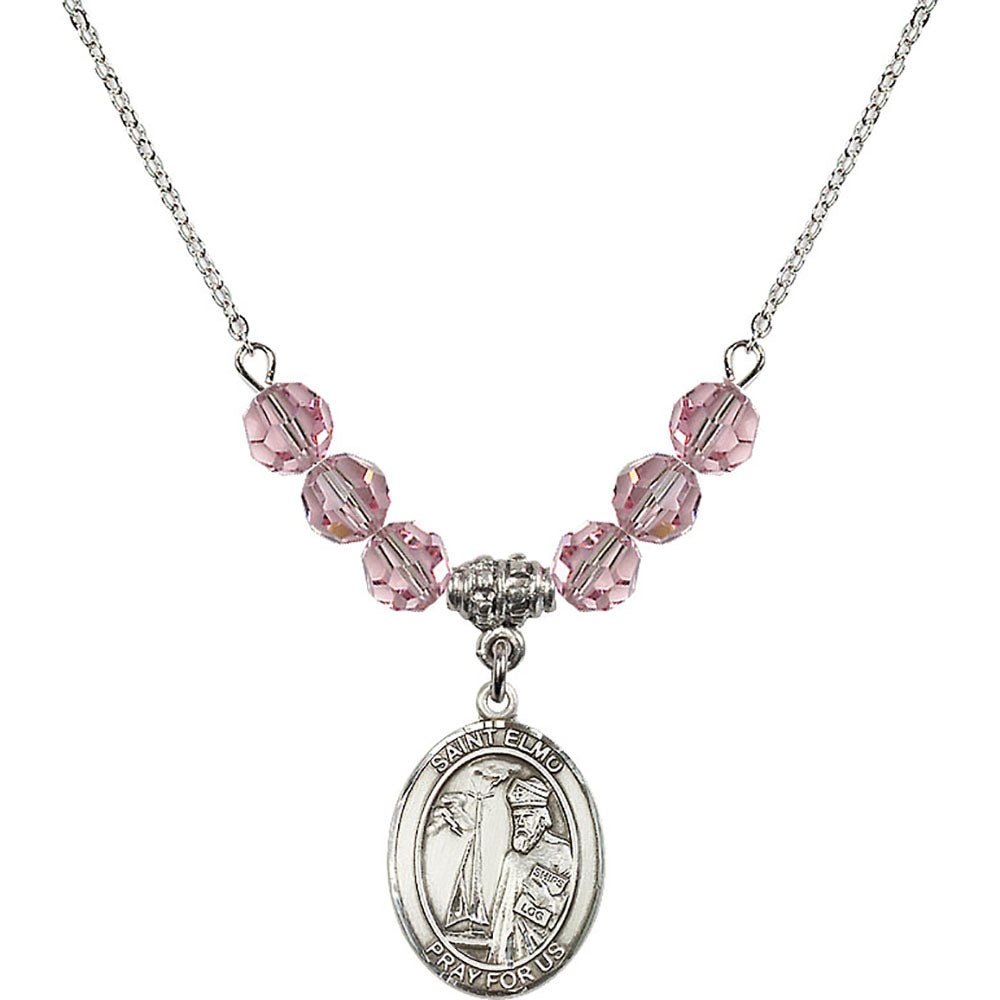 Sterling Silver Saint Elmo Birthstone Necklace with Light Rose Beads - 8031