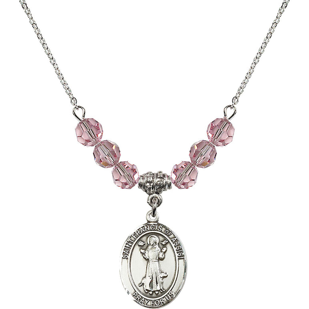Sterling Silver Saint Francis of Assisi Birthstone Necklace with Light Rose Beads - 8036