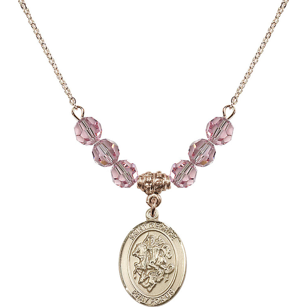 14kt Gold Filled Saint George Birthstone Necklace with Light Rose Beads - 8040