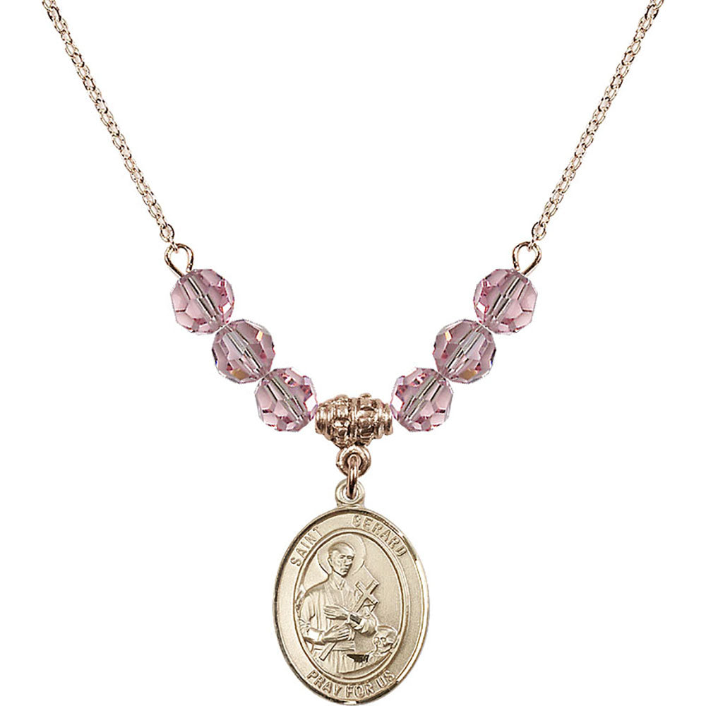 14kt Gold Filled Saint Gerard Majella Birthstone Necklace with Light Rose Beads - 8042