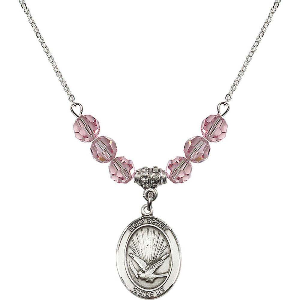 Sterling Silver Holy Spirit Birthstone Necklace with Light Rose Beads - 8044