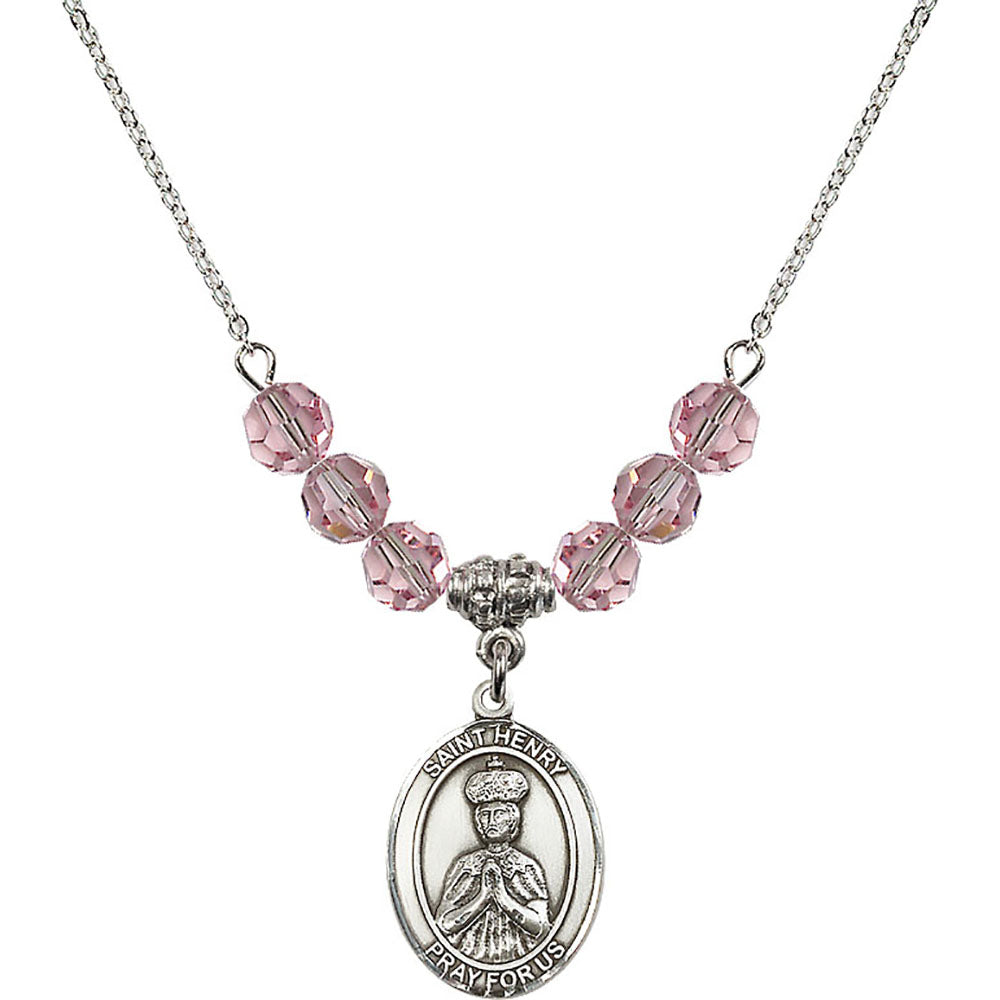 Sterling Silver Saint Henry II Birthstone Necklace with Light Rose Beads - 8046