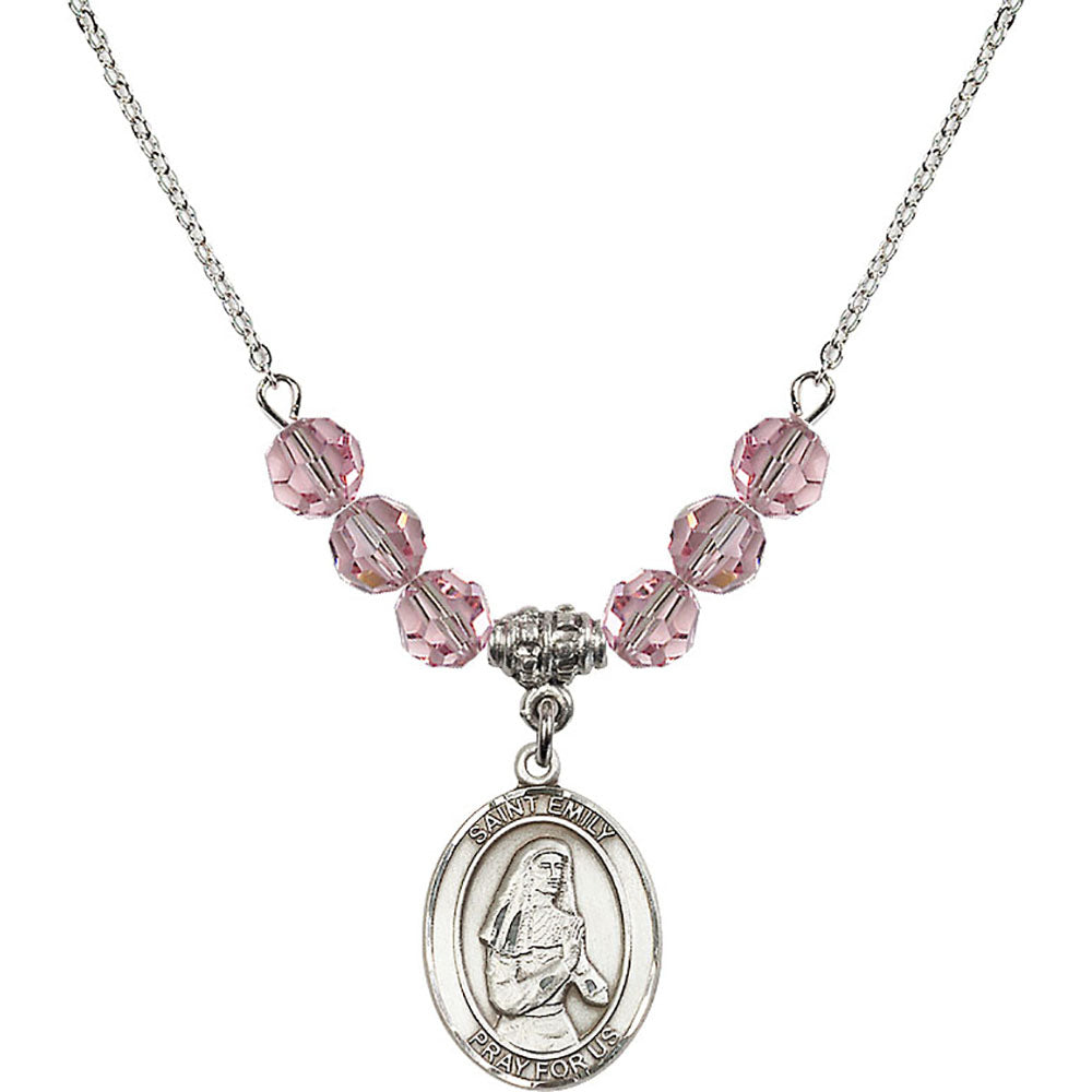 Sterling Silver Saint Emily de Vialar Birthstone Necklace with Light Rose Beads - 8047