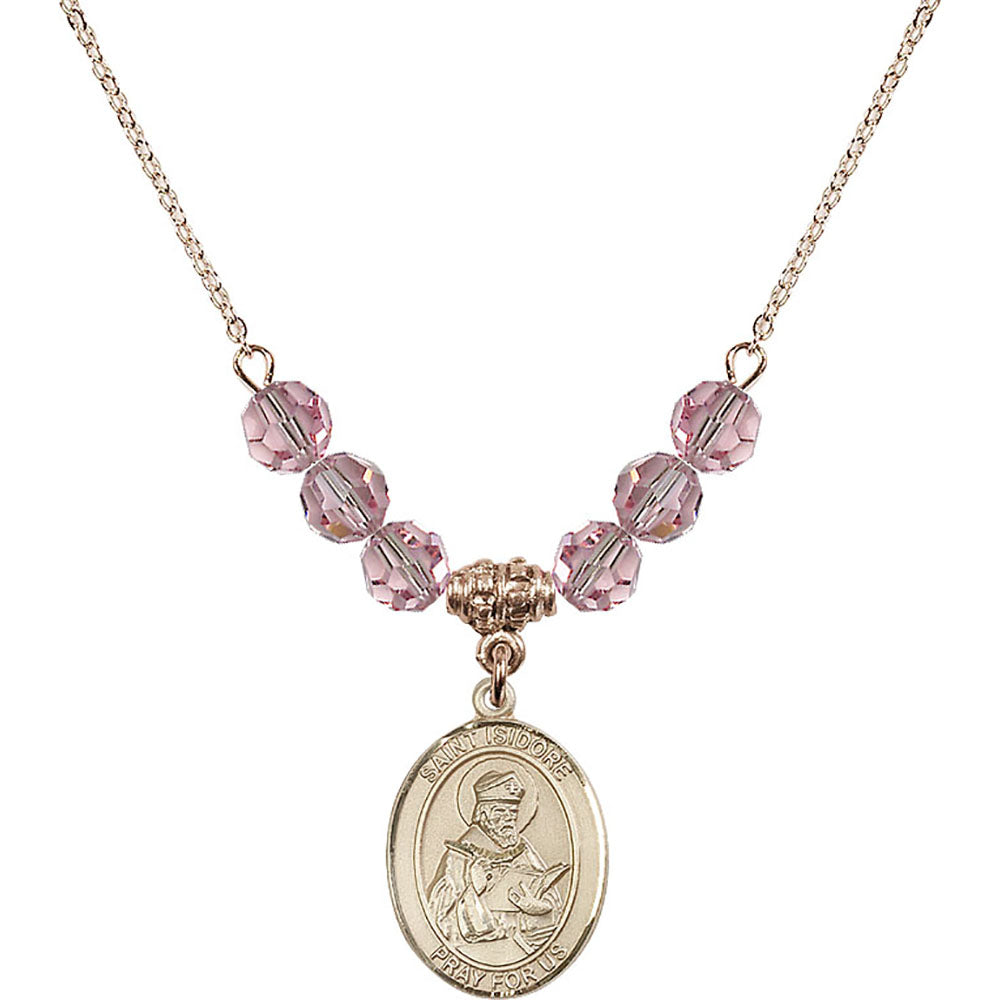 14kt Gold Filled Saint Isidore of Seville Birthstone Necklace with Light Rose Beads - 8049