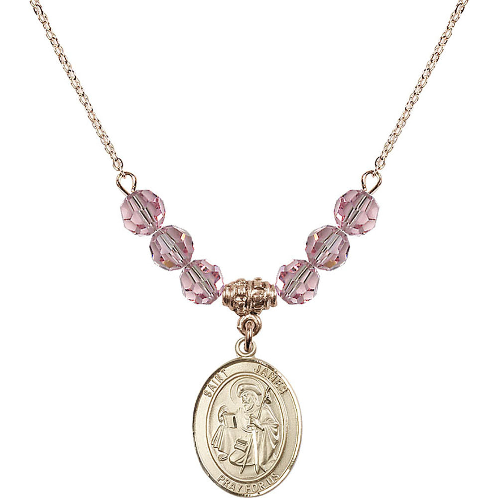 14kt Gold Filled Saint James the Greater Birthstone Necklace with Light Rose Beads - 8050