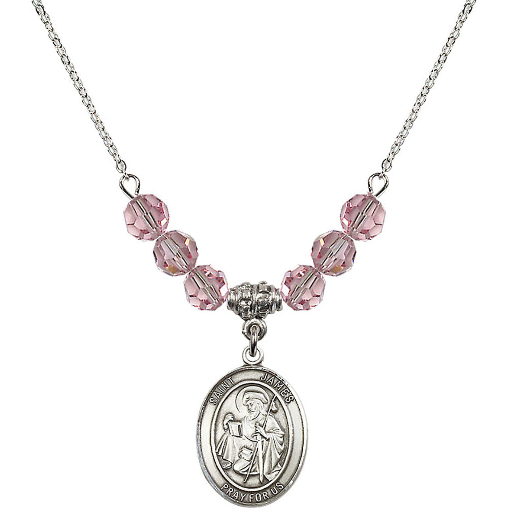 Sterling Silver Saint James the Greater Birthstone Necklace with Light Rose Beads - 8050