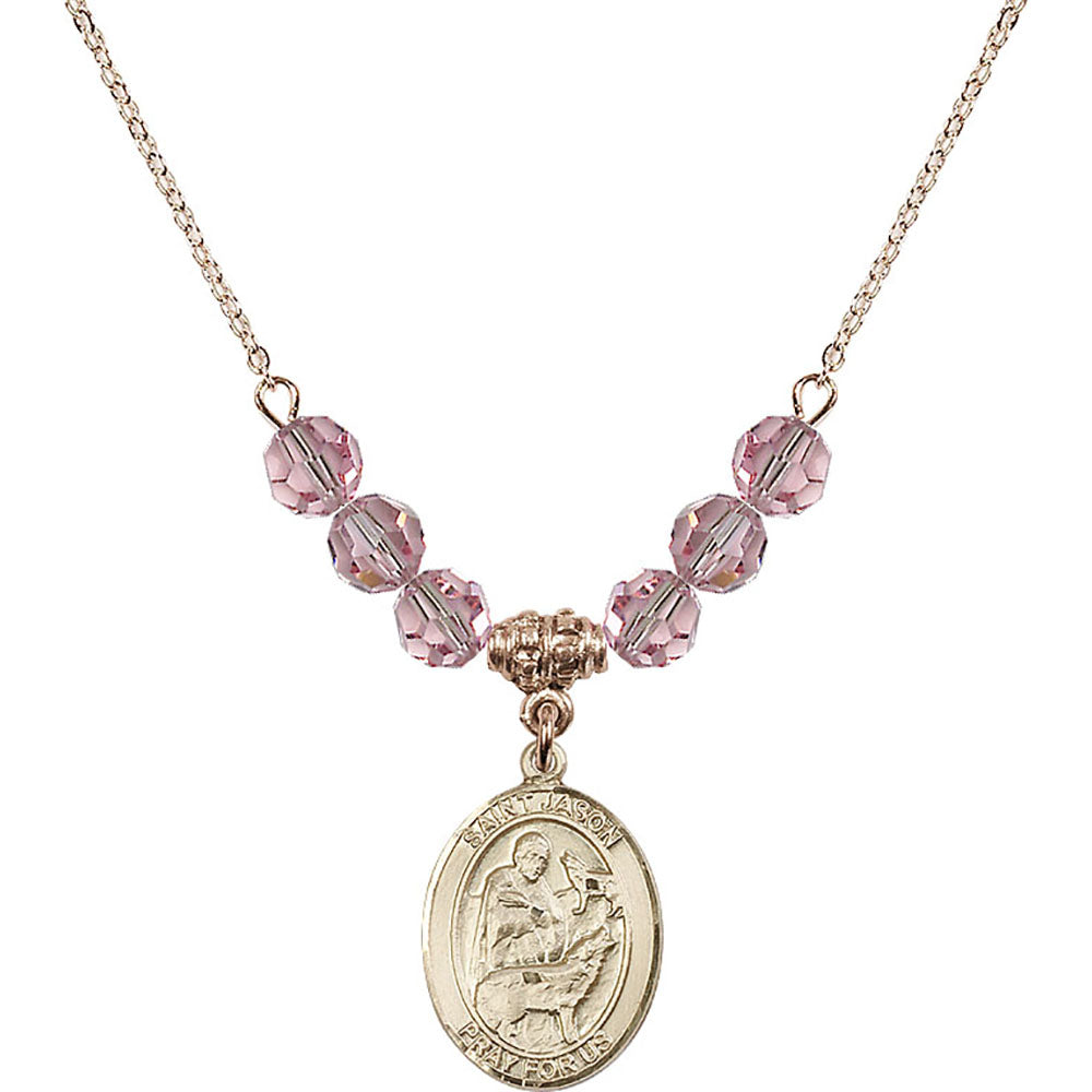 14kt Gold Filled Saint Jason Birthstone Necklace with Light Rose Beads - 8051