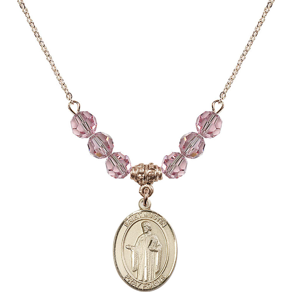 14kt Gold Filled Saint Justin Birthstone Necklace with Light Rose Beads - 8052