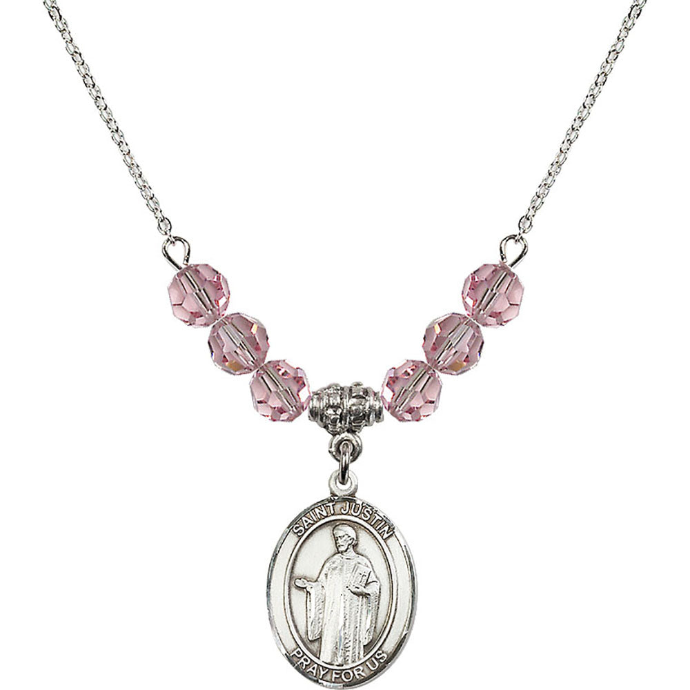 Sterling Silver Saint Justin Birthstone Necklace with Light Rose Beads - 8052