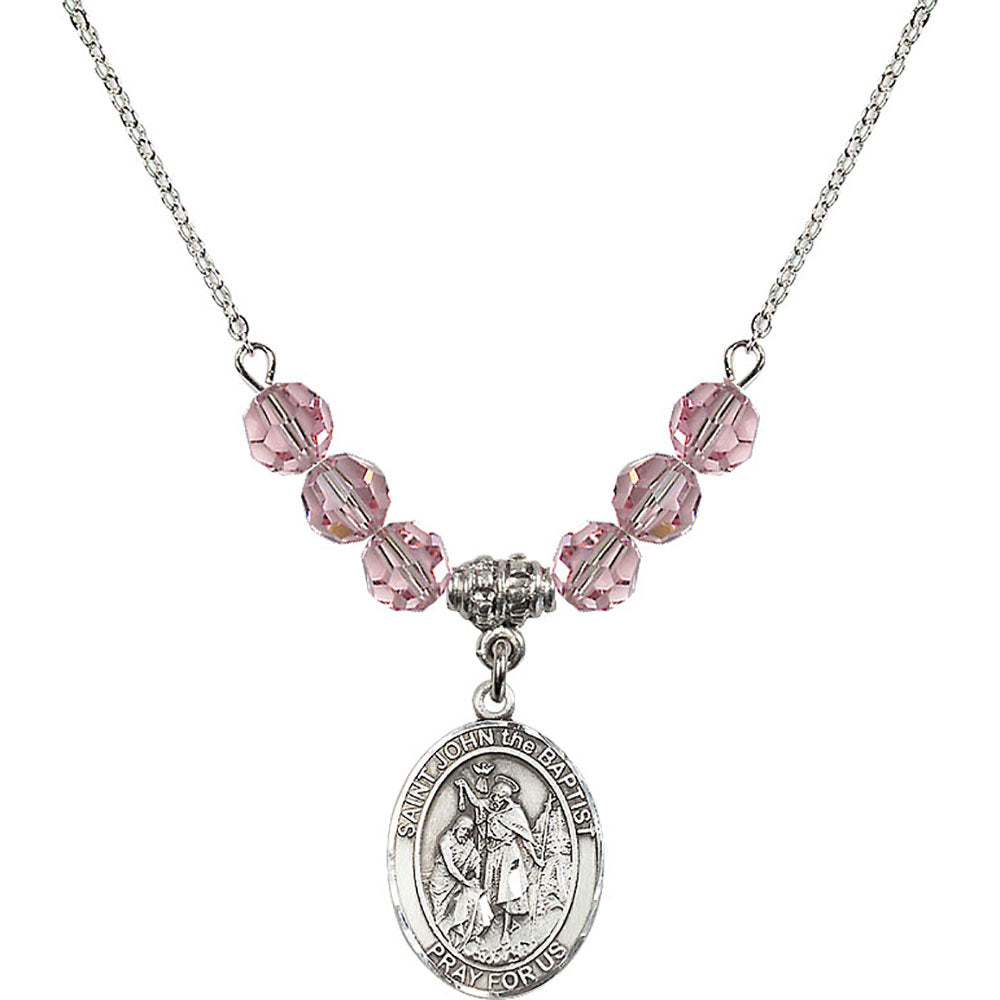 Sterling Silver Saint John the Baptist Birthstone Necklace with Light Rose Beads - 8054