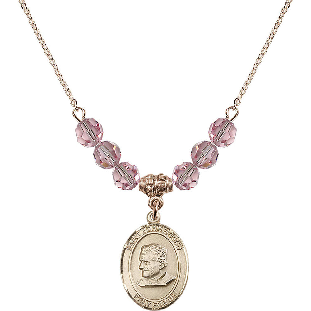 14kt Gold Filled Saint John Bosco Birthstone Necklace with Light Rose Beads - 8055