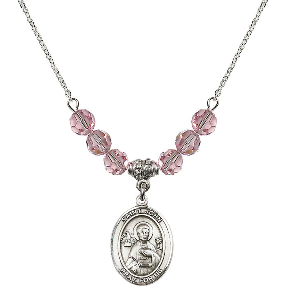 Sterling Silver Saint John the Apostle Birthstone Necklace with Light Rose Beads - 8056