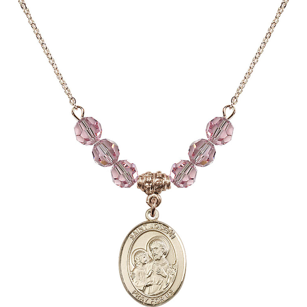 14kt Gold Filled Saint Joseph Birthstone Necklace with Light Rose Beads - 8058