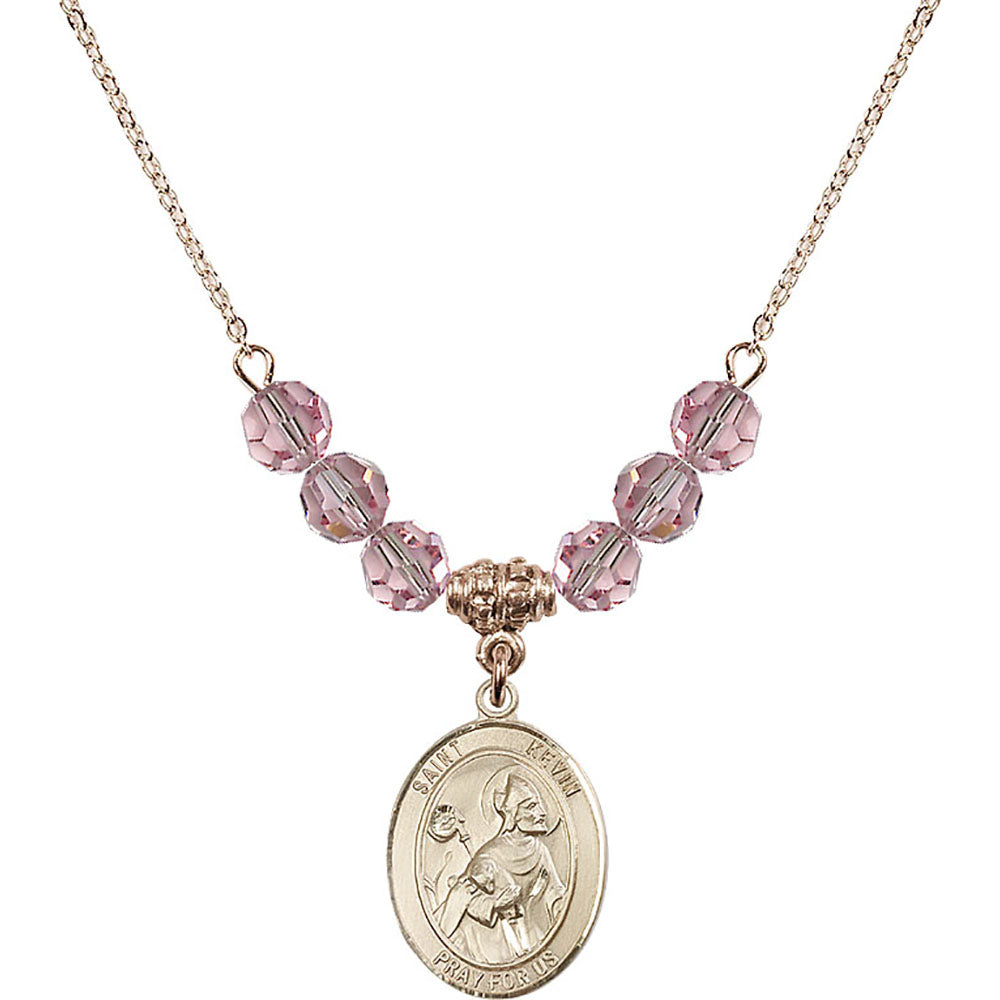 14kt Gold Filled Saint Kevin Birthstone Necklace with Light Rose Beads - 8062