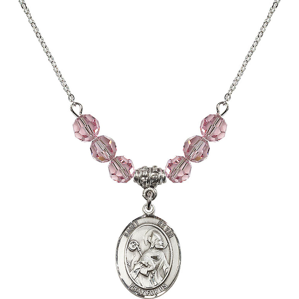 Sterling Silver Saint Kevin Birthstone Necklace with Light Rose Beads - 8062