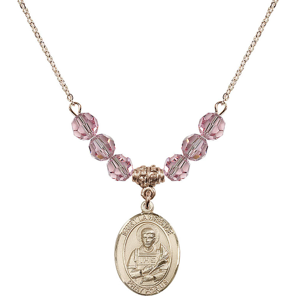 14kt Gold Filled Saint Lawrence Birthstone Necklace with Light Rose Beads - 8063