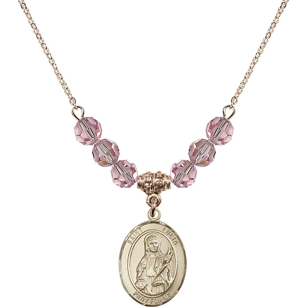 14kt Gold Filled Saint Lucia of Syracuse Birthstone Necklace with Light Rose Beads - 8065