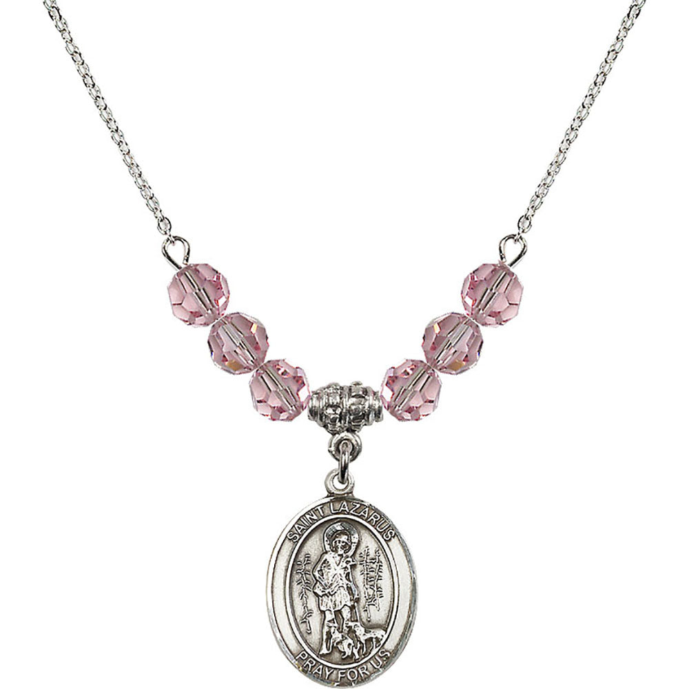 Sterling Silver Saint Lazarus Birthstone Necklace with Light Rose Beads - 8066
