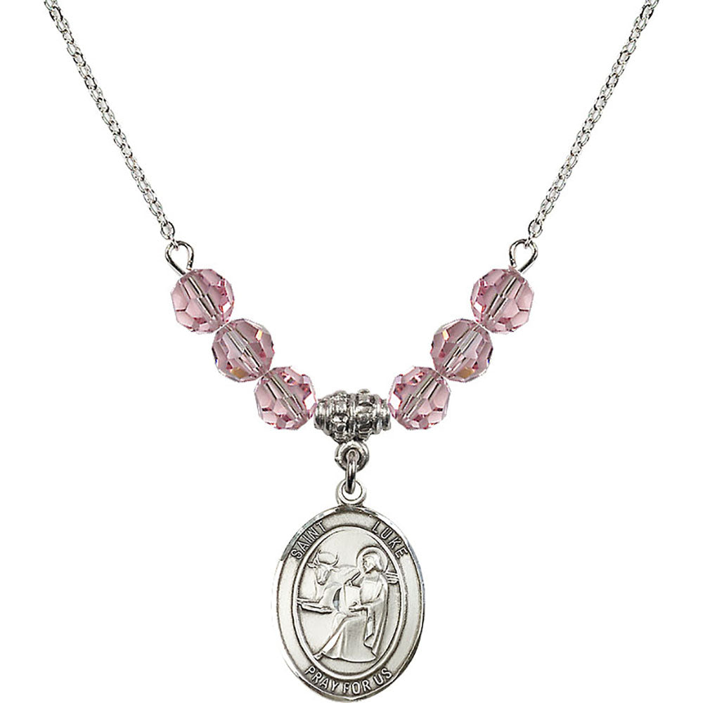 Sterling Silver Saint Luke the Apostle Birthstone Necklace with Light Rose Beads - 8068