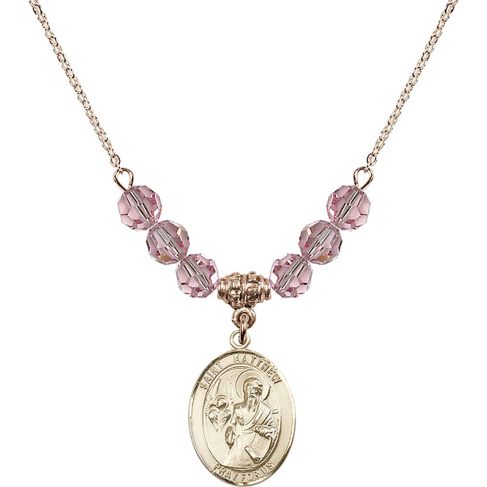 14kt Gold Filled Saint Matthew the Apostle Birthstone Necklace with Light Rose Beads - 8074