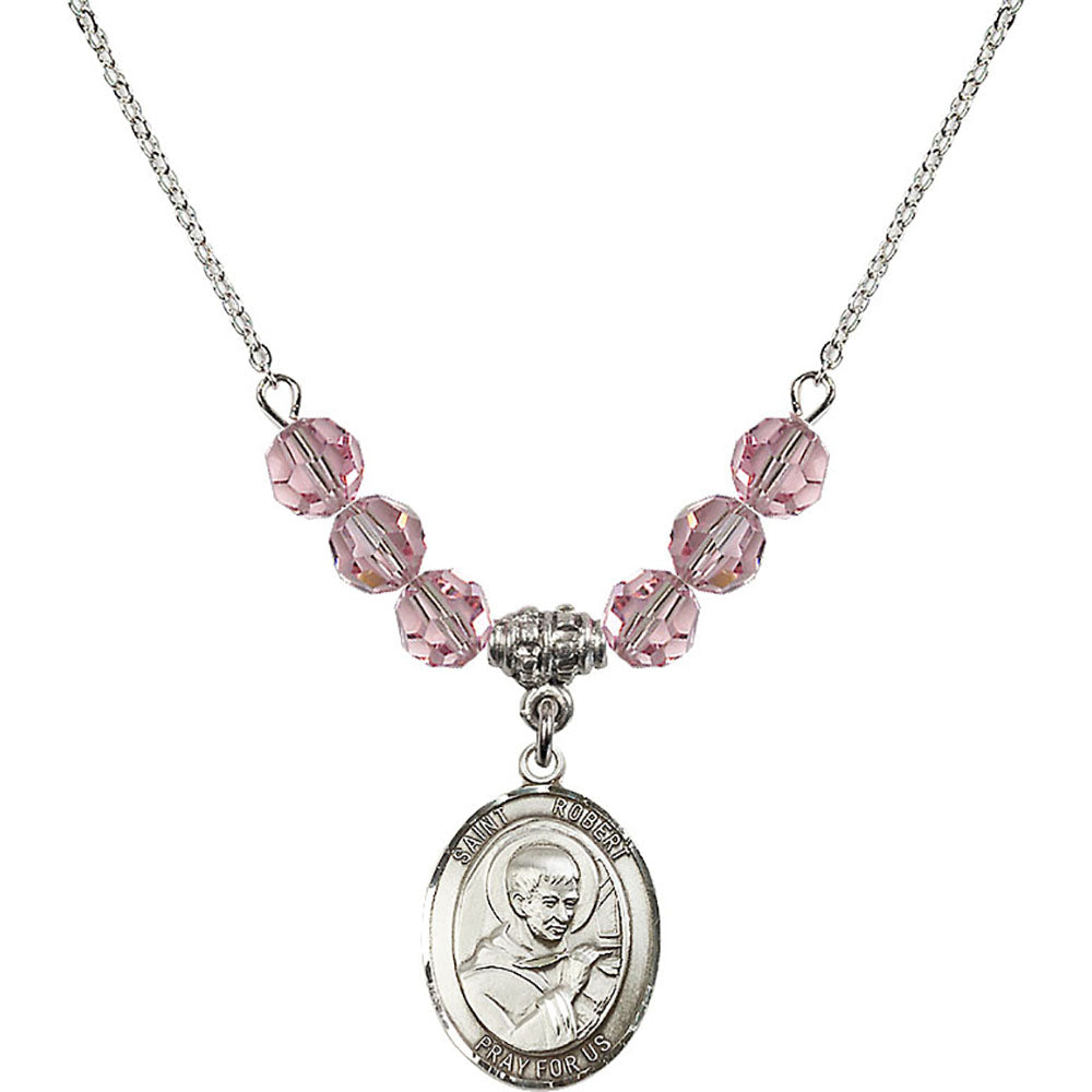 Sterling Silver Saint Robert Bellarmine Birthstone Necklace with Light Rose Beads - 8096