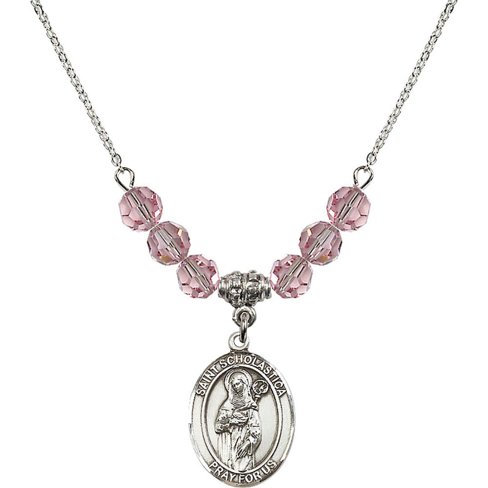 Sterling Silver Saint Scholastica Birthstone Necklace with Light Rose Beads - 8099