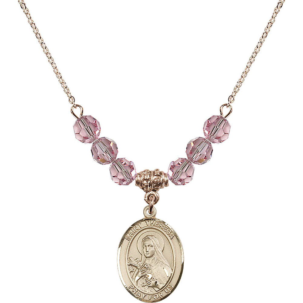 14kt Gold Filled Saint Theresa Birthstone Necklace with Light Rose Beads - 8106
