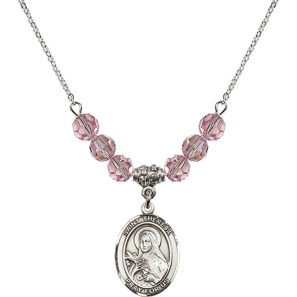 Sterling Silver Saint Theresa Birthstone Necklace with Light Rose Beads - 8106