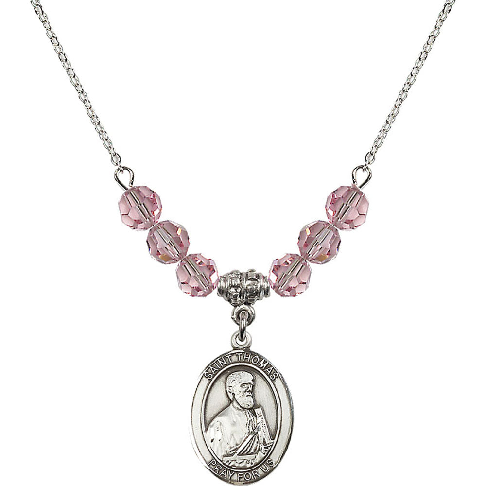 Sterling Silver Saint Thomas the Apostle Birthstone Necklace with Light Rose Beads - 8107