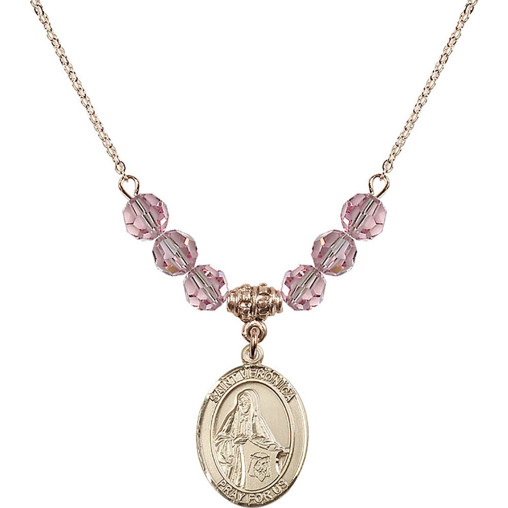 14kt Gold Filled Saint Veronica Birthstone Necklace with Light Rose Beads - 8110