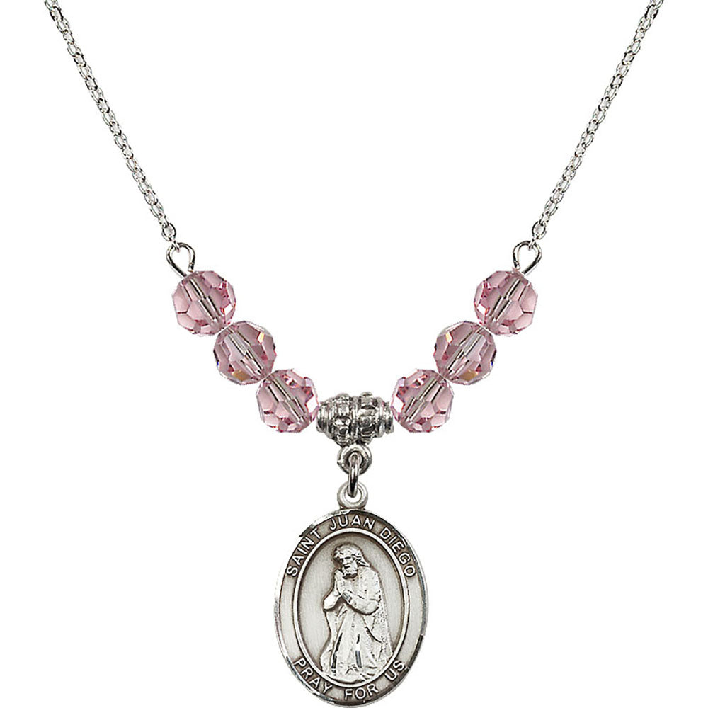 Sterling Silver Saint Juan Diego Birthstone Necklace with Light Rose Beads - 8111
