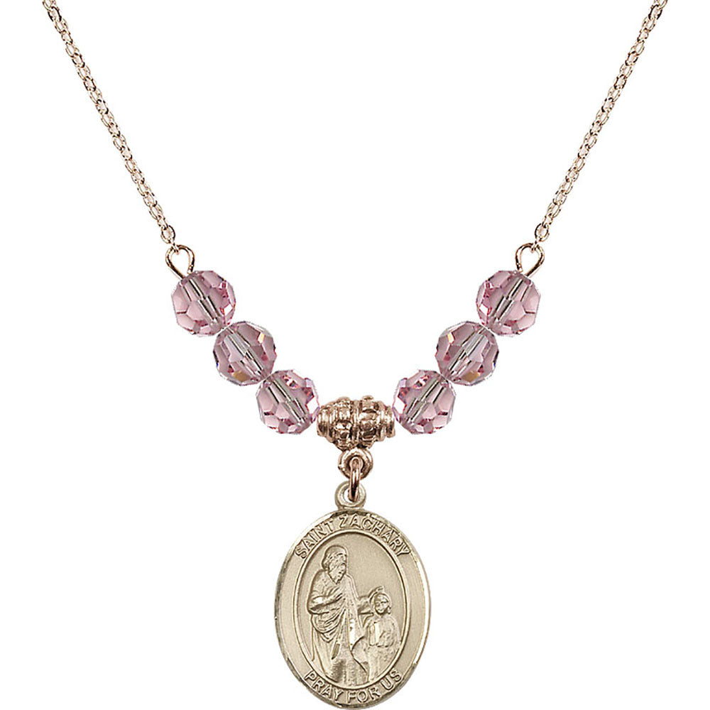 14kt Gold Filled Saint Zachary Birthstone Necklace with Light Rose Beads - 8116