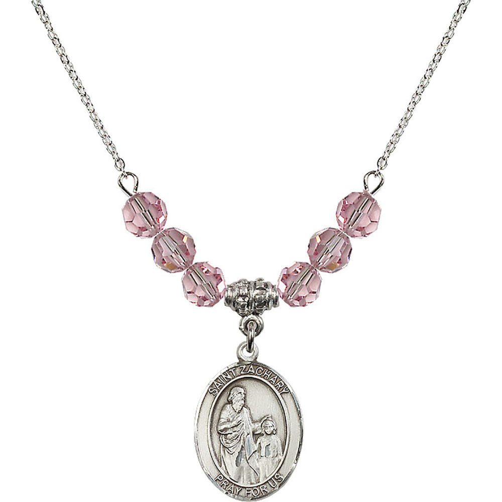 Sterling Silver Saint Zachary Birthstone Necklace with Light Rose Beads - 8116