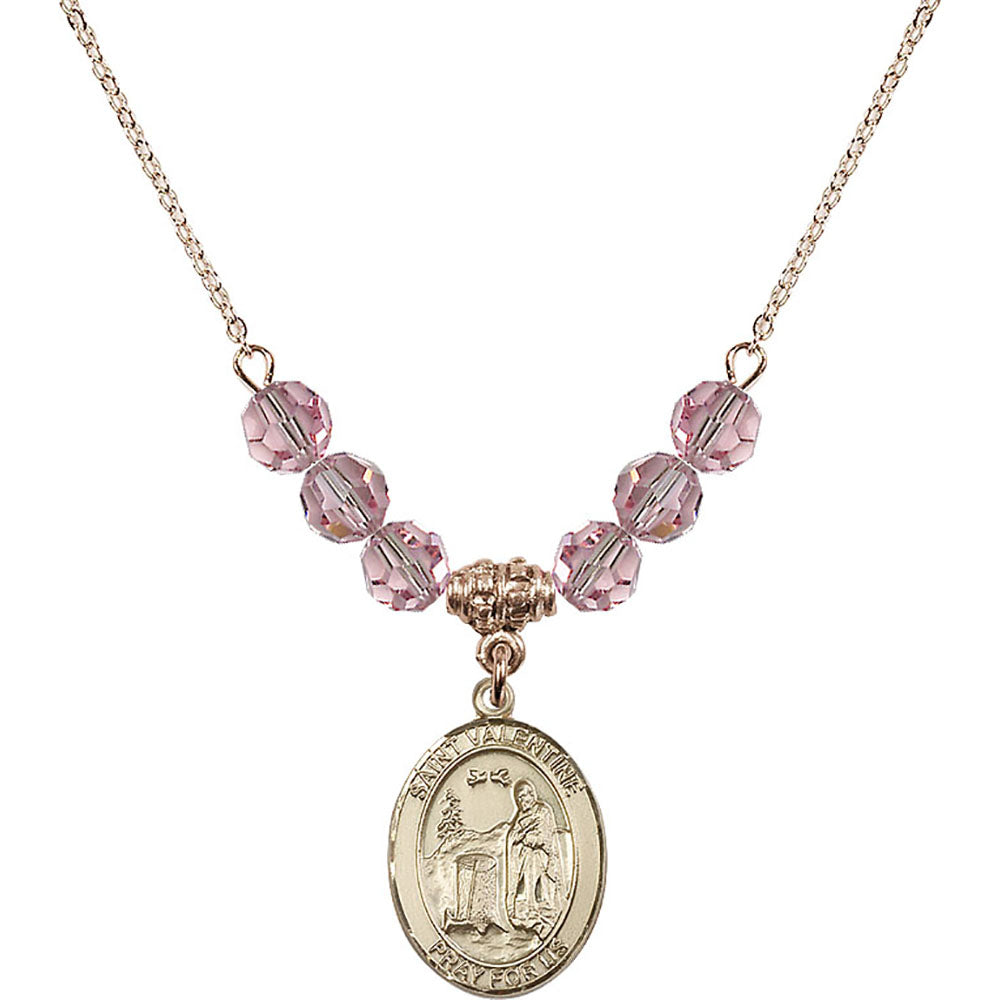 14kt Gold Filled Saint Valentine of Rome Birthstone Necklace with Light Rose Beads - 8121