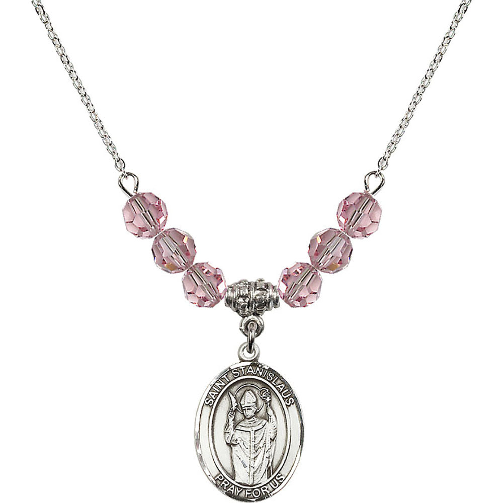Sterling Silver Saint Stanislaus Birthstone Necklace with Light Rose Beads - 8124