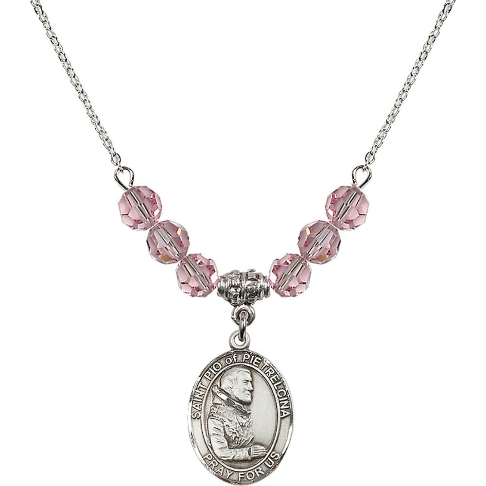 Sterling Silver Saint Pio of Pietrelcina Birthstone Necklace with Light Rose Beads - 8125
