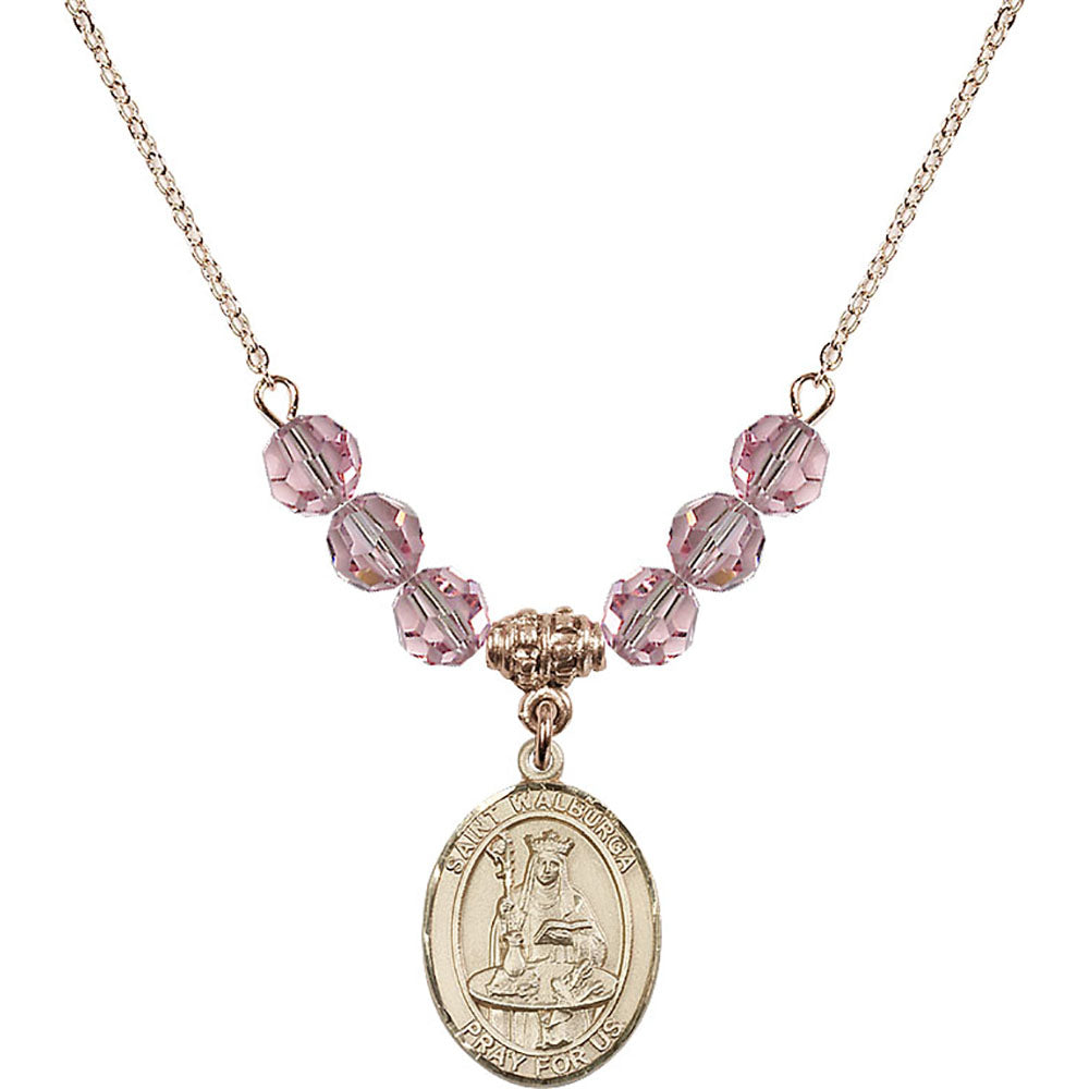 14kt Gold Filled Saint Walburga Birthstone Necklace with Light Rose Beads - 8126