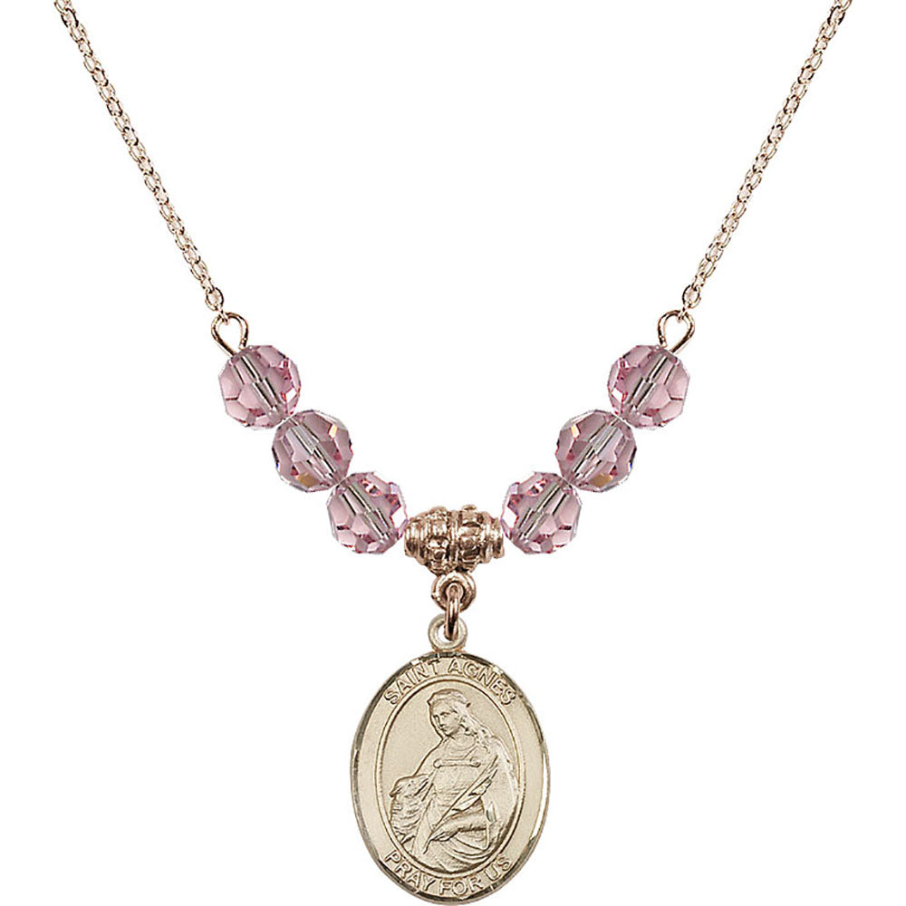 14kt Gold Filled Saint Agnes of Rome Birthstone Necklace with Light Rose Beads - 8128