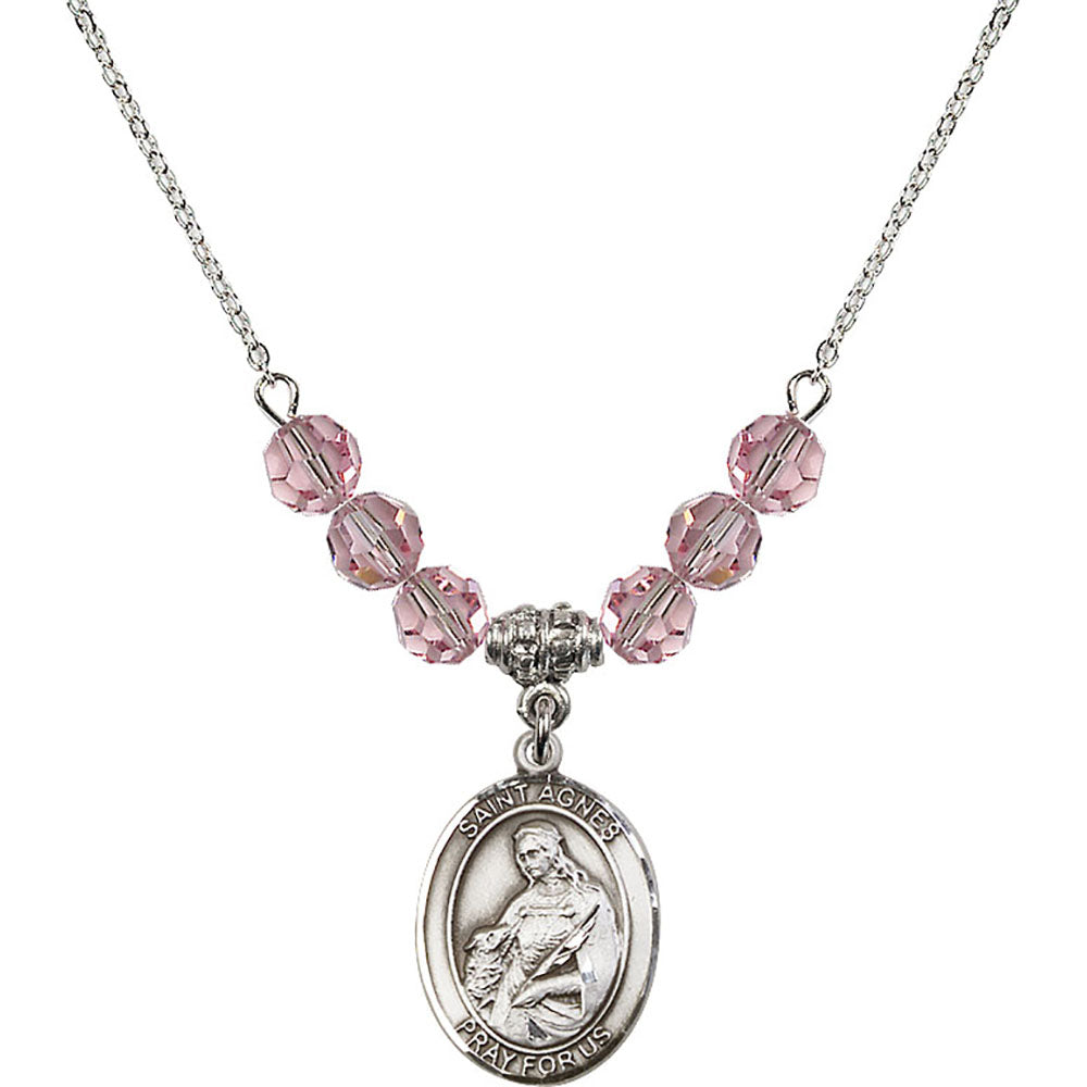 Sterling Silver Saint Agnes of Rome Birthstone Necklace with Light Rose Beads - 8128