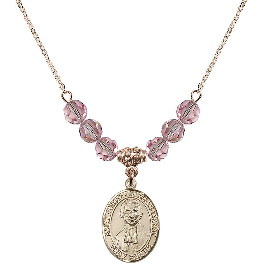 14kt Gold Filled Saint Marcellin Champagnat Birthstone Necklace with Light Rose Beads - 8131