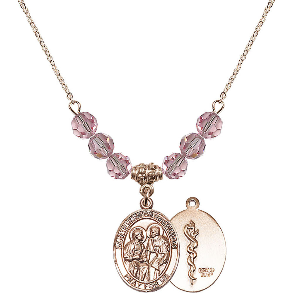 14kt Gold Filled Saints Cosmas & Damian / Doctors Birthstone Necklace with Light Rose Beads - 8132