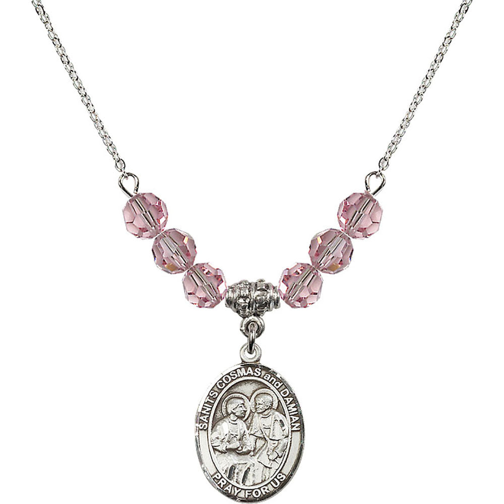 Sterling Silver Saints Cosmas & Damian Birthstone Necklace with Light Rose Beads - 8132