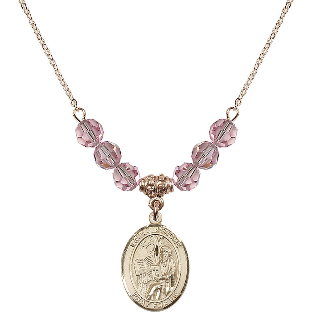 14kt Gold Filled Saint Jerome Birthstone Necklace with Light Rose Beads - 8135