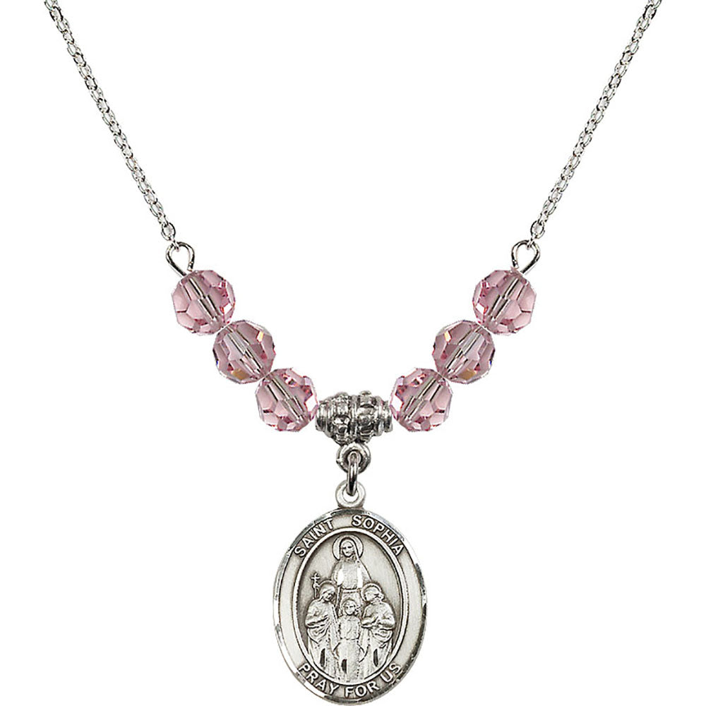 Sterling Silver Saint Sophia Birthstone Necklace with Light Rose Beads - 8136