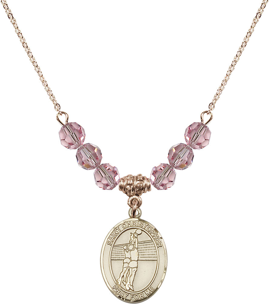 14kt Gold Filled Saint Christopher/Volleyball Birthstone Necklace with Light Rose Beads - 8138