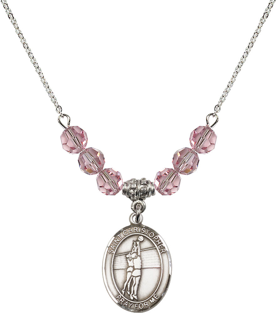 Sterling Silver Saint Christopher/Volleyball Birthstone Necklace with Light Rose Beads - 8138