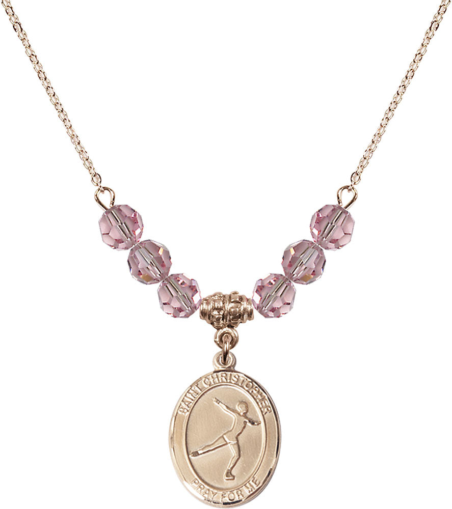 14kt Gold Filled Saint Christopher/Figure Skating Birthstone Necklace with Light Rose Beads - 8139