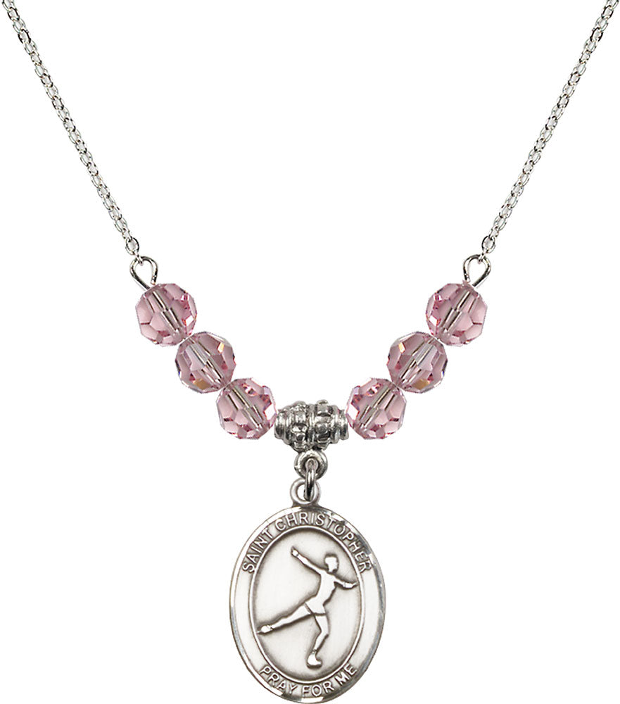 Sterling Silver Saint Christopher/Figure Skating Birthstone Necklace with Light Rose Beads - 8139