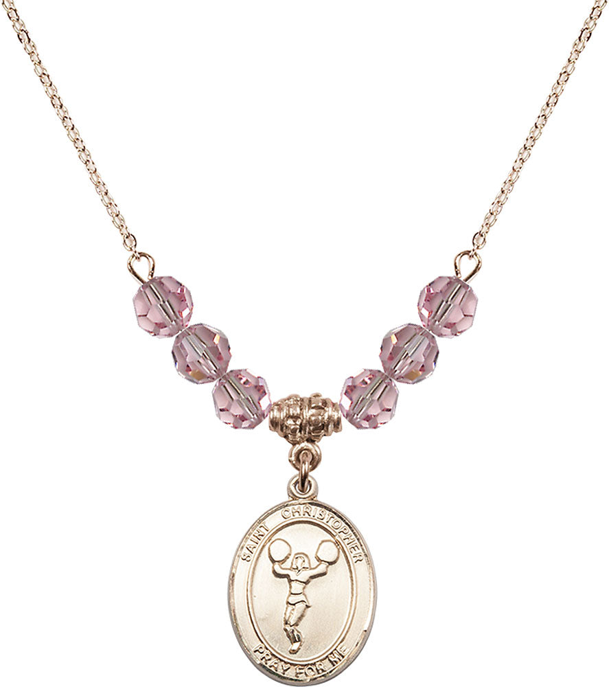 14kt Gold Filled Saint Christopher/Cheerleading Birthstone Necklace with Light Rose Beads - 8140