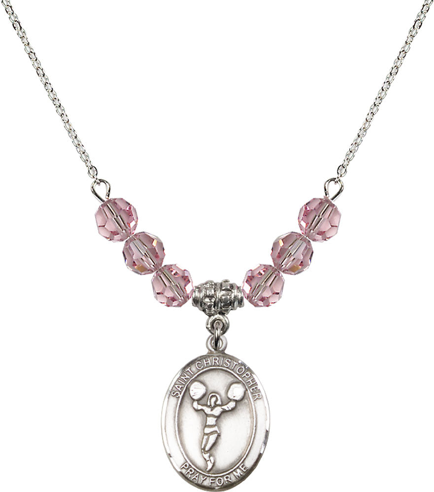 Sterling Silver Saint Christopher/Cheerleading Birthstone Necklace with Light Rose Beads - 8140